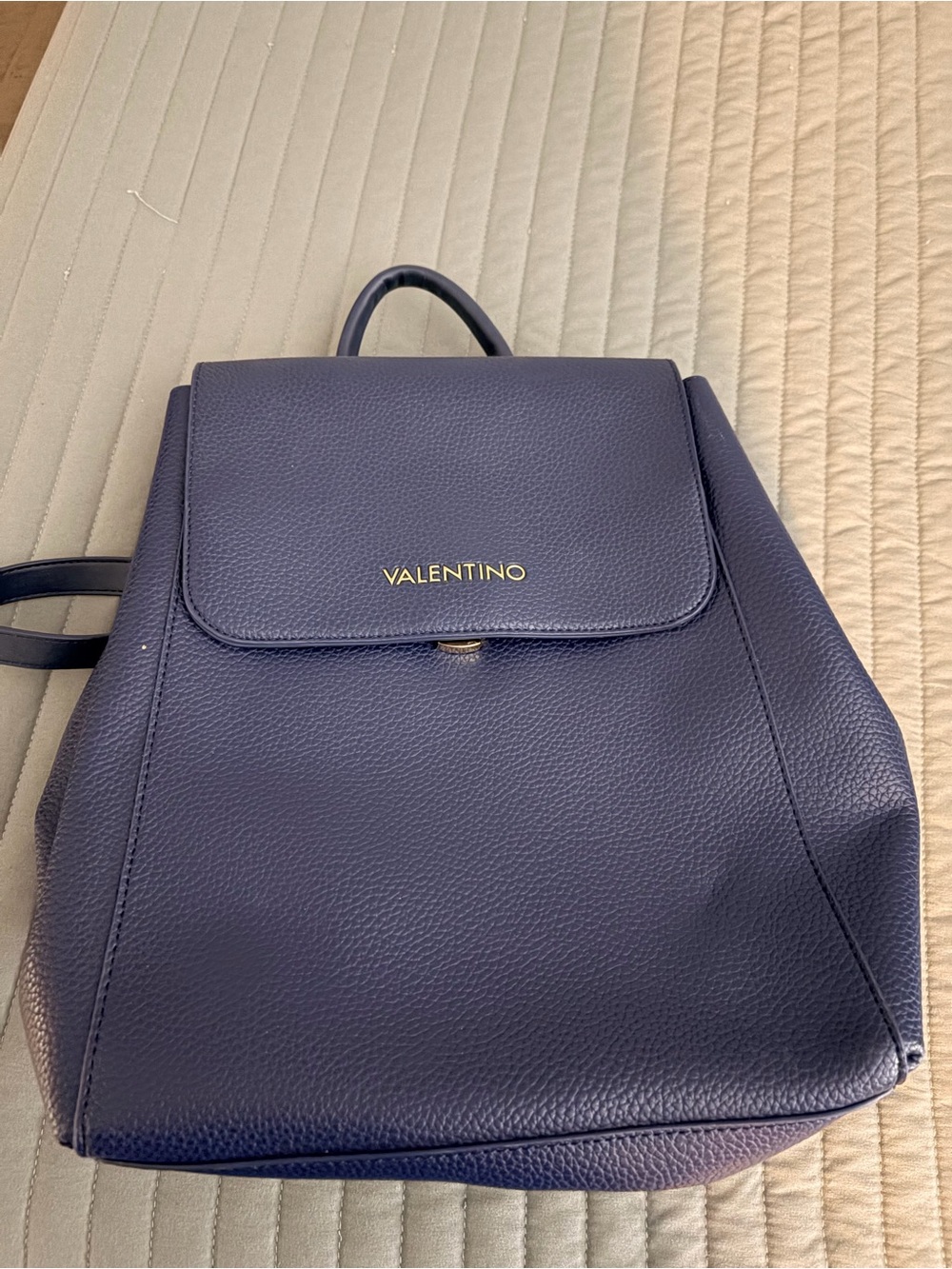 Valentino Navy Blue Pebbled Leather Backpack with Gold Logo
